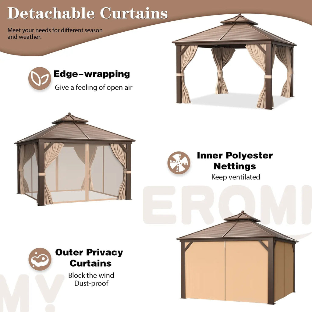EROMMY 12' x 12' Hardtop Gazebo Canopy Galvanized Steel Pergolas with Netting & Curtains