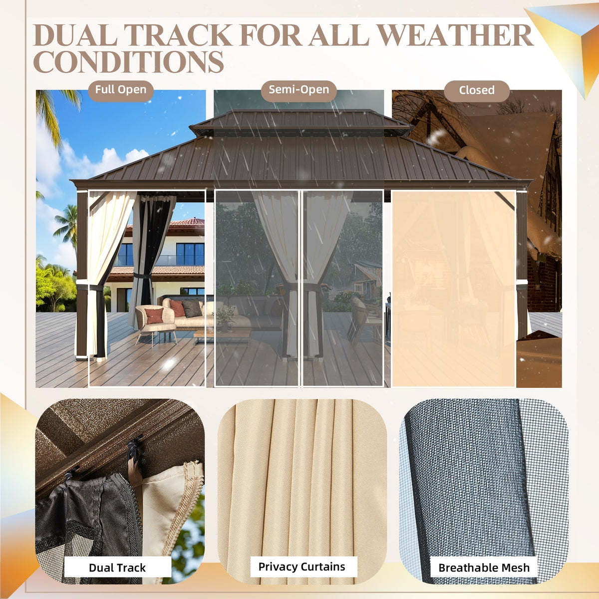 EROMMY 12x20 Patio Gazebo for Backyard Grey Hardtop Gazebo with Galvanized Steel Roof