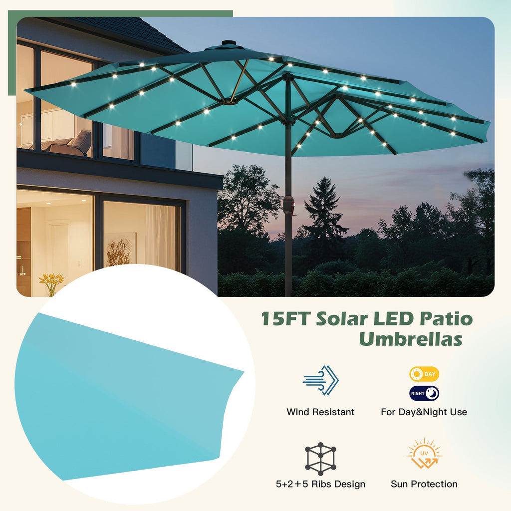 EROMMY 15 X 9 Double-Sided Large Umbrella with Solar LED - Blue