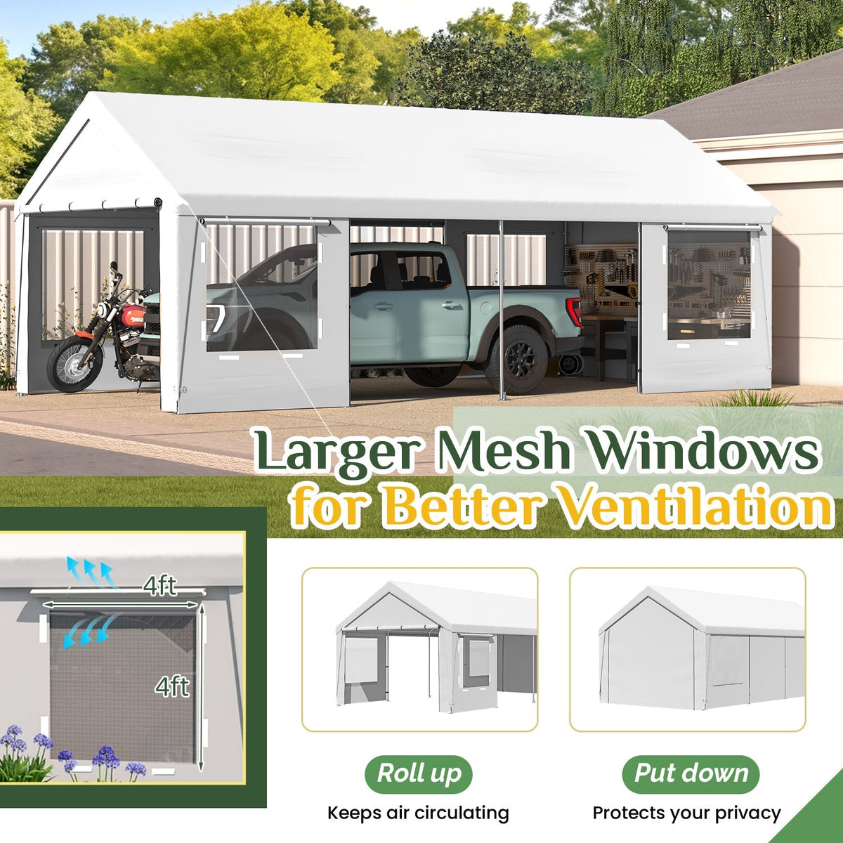 EROMMY 12' x 24' Heavy Duty Carport，Portable Garage with UV Protection & Steel Frame, Car Port with Removable Sidewalls, All-Season Car Canopy for Tractor, Truck, Boat, White