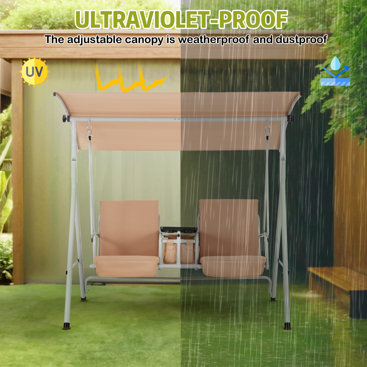 EROMMY 2-Person Outdoor Swing with Canopy, Storage Table, Cooler Bag & Cushions – Beige