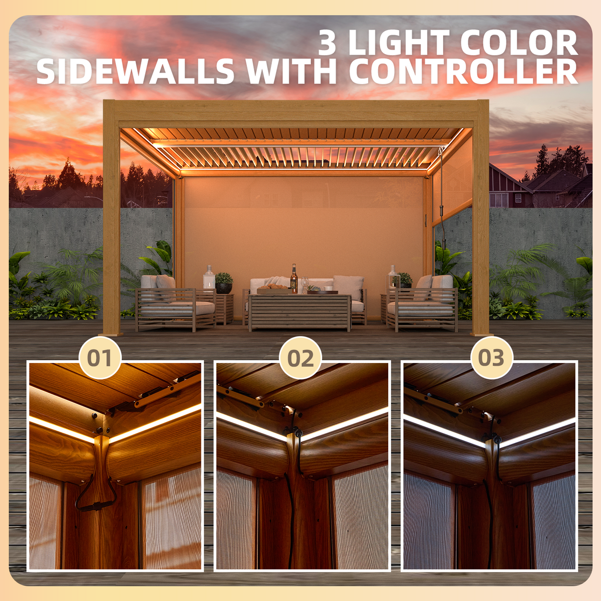 EROMMY 10x13 Motorized Pergola with Adjustable Louvers –Wood Grain