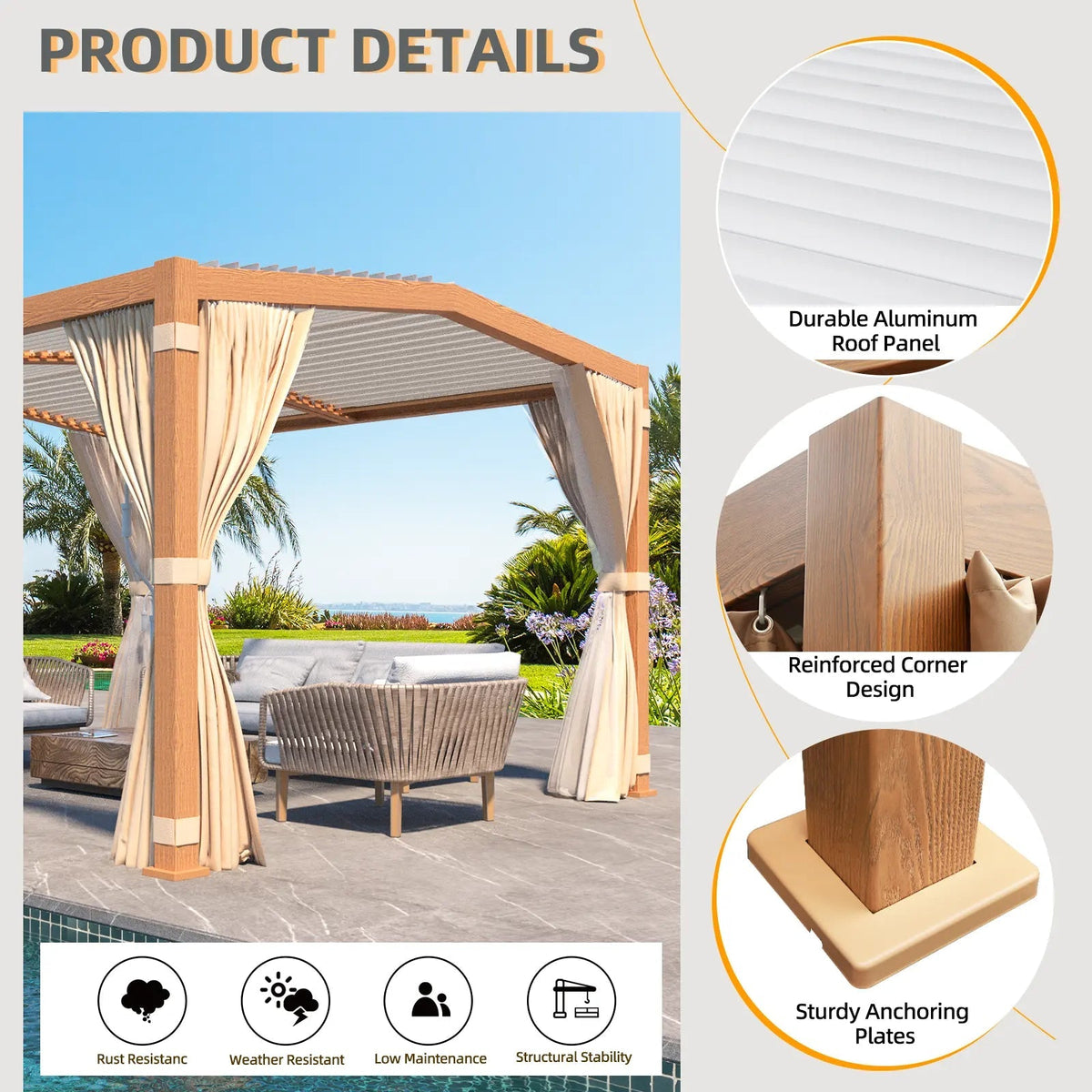 EROMMY 11x13 Louvered Aluminum Pergola with Canopy – Wood Grain