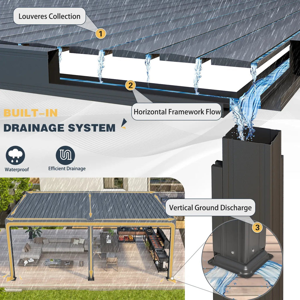 EROMMY 12x20 Large Aluminum Pergola with Louvered Canopy – Grey