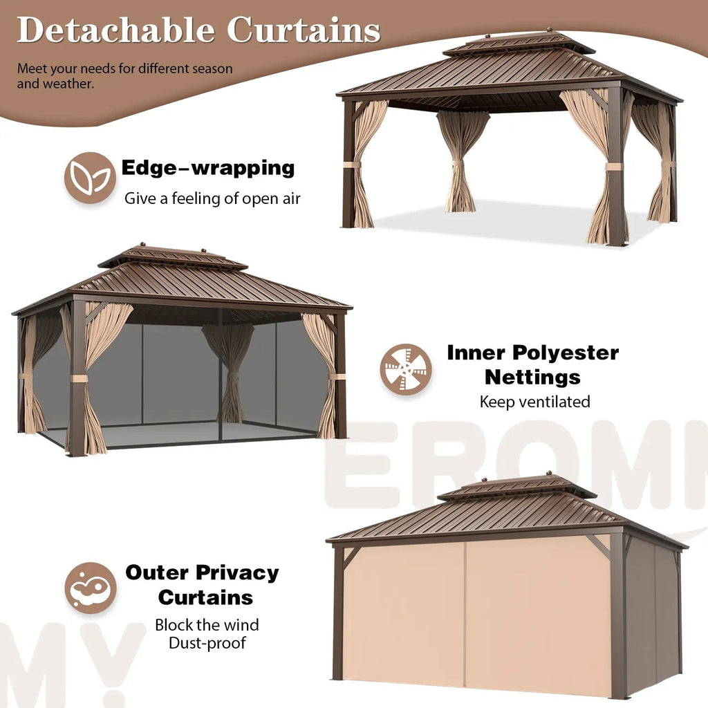 EROMMY 12' x 16' Hardtop Gazebo Galvanized Steel Double-Roof Canopy Outdoor, Aluminum Frame Permanent Metal Pavilion, Netting & Curtains