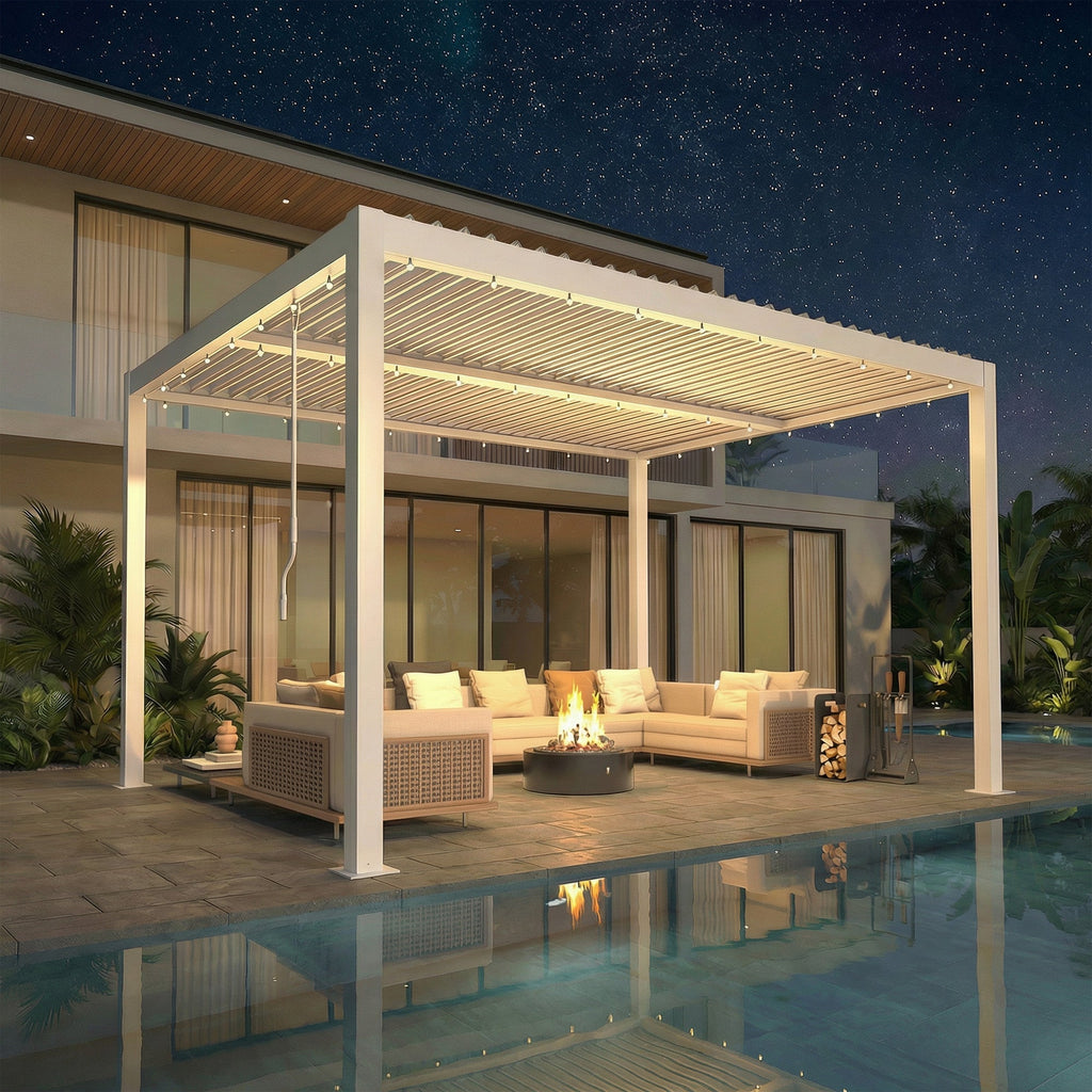 EROMMY 10' x 12' Outdoor Pergola with Adjustable Louvered Roof & Integrated Drainage, Heavy-Duty Metal Louvered Pergola for Patios, White