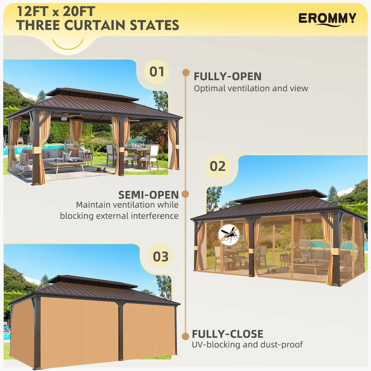 EROMMY 12X20 Hardtop Grill Gazebo with Netting and Sides