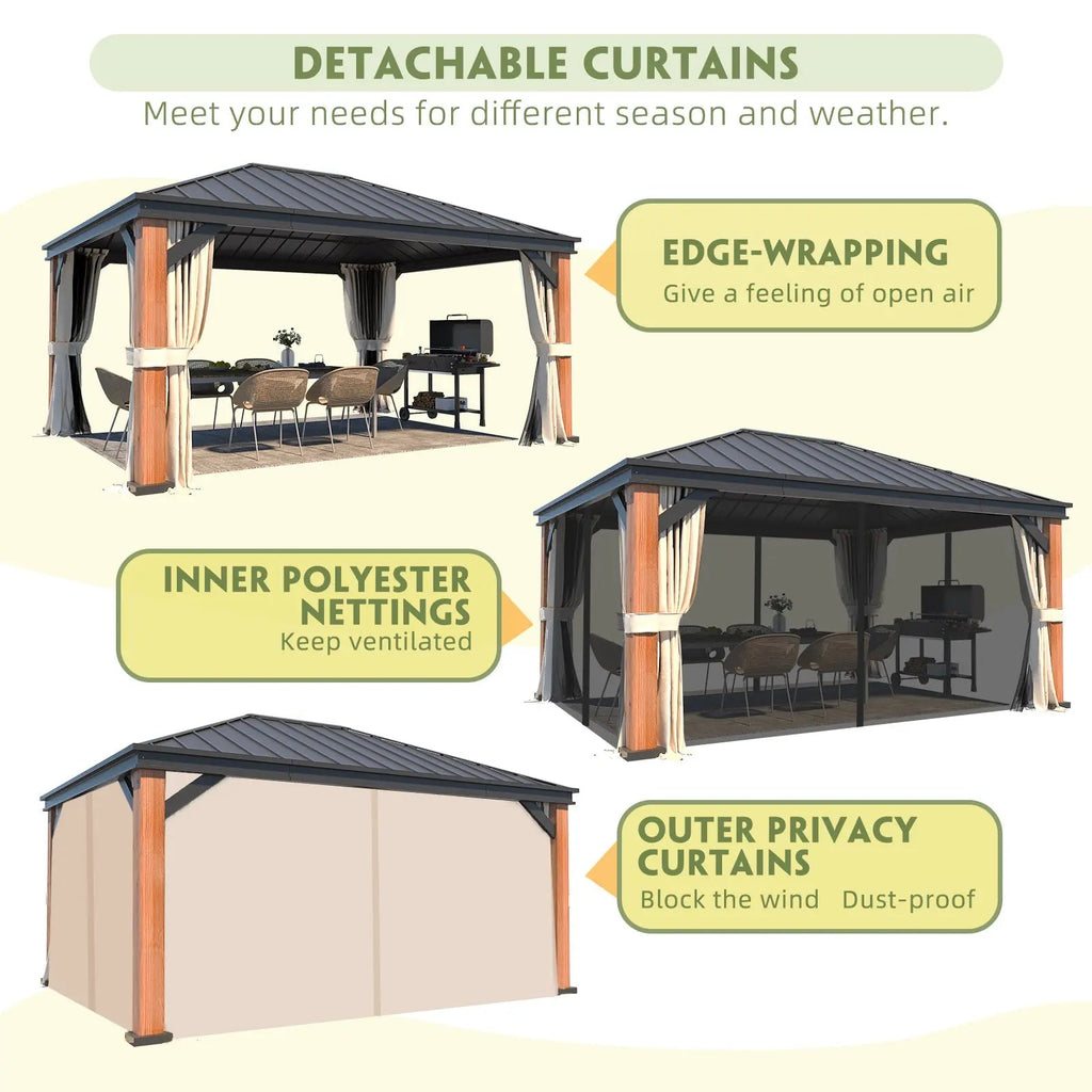 EROMMY 12' x 16' Luxury Ultra-Thick Columns and Beams Hardtop Gazebo with Faux Wood Grain Aluminum Frame, Vertical Stripe Galvanized Steel Single Roof