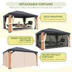 EROMMY 12' x 16' Luxury Ultra-Thick Columns and Beams Hardtop Gazebo with Faux Wood Grain Aluminum Frame, Vertical Stripe Galvanized Steel Single Roof