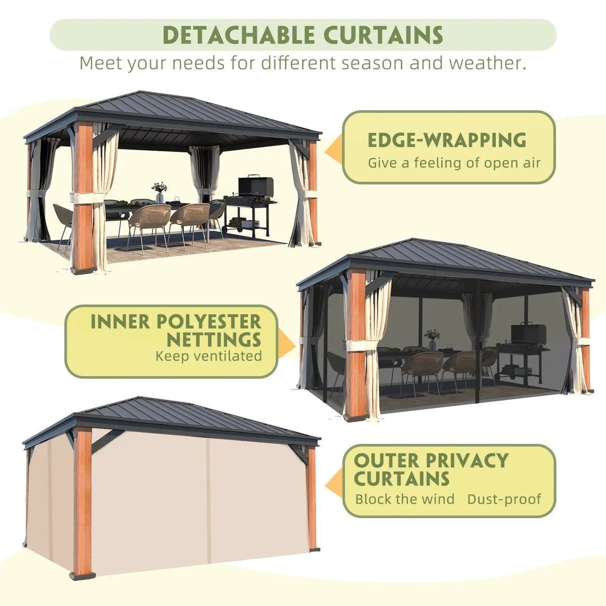 EROMMY 12' x 16' Luxury Ultra-Thick Columns and Beams Hardtop Gazebo with Faux Wood Grain Aluminum Frame, Vertical Stripe Galvanized Steel Single Roof