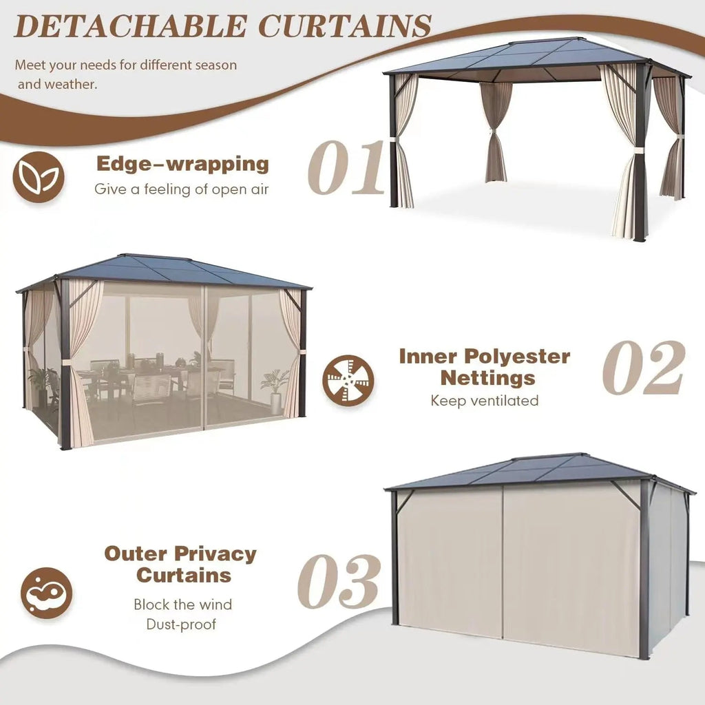 EROMMY 10’ x 12’ Patio Hardtop Gazebo Aluminum Frame Gazebos with Netting & Curtain, Outdoor Polycarbonate Gazebo For Garden, Patio, Lawns