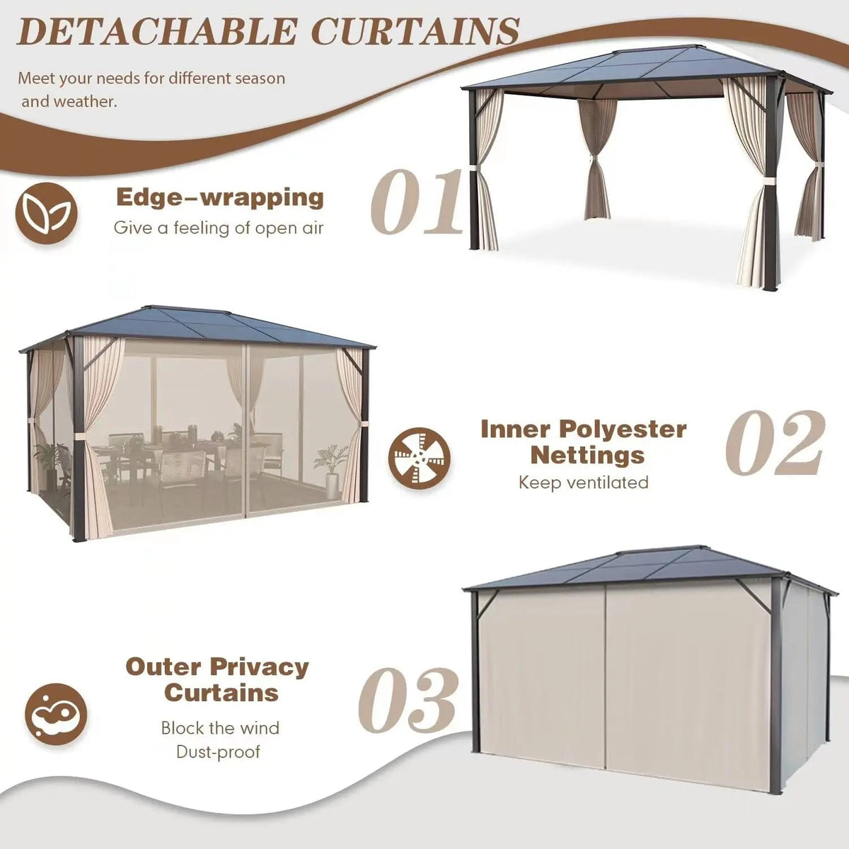 EROMMY 10’ x 12’ Patio Hardtop Gazebo Aluminum Frame Gazebos with Netting & Curtain, Outdoor Polycarbonate Gazebo For Garden, Patio, Lawns