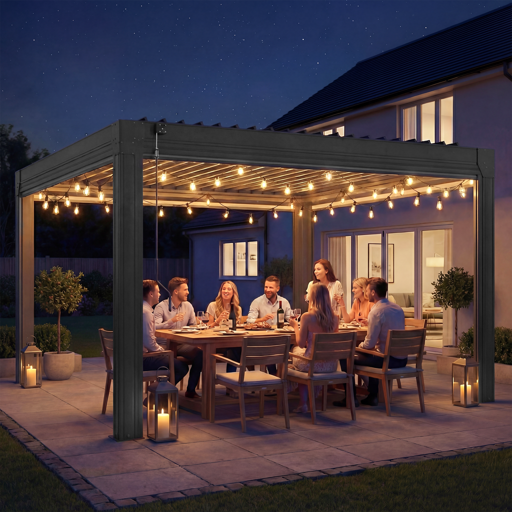 EROMMY 12' x 12' Louvered Pergola with Pull-Down Screens, Aluminum Outdoor Pergola with Retractable Roof for Patios, Decks & Backyards, Black