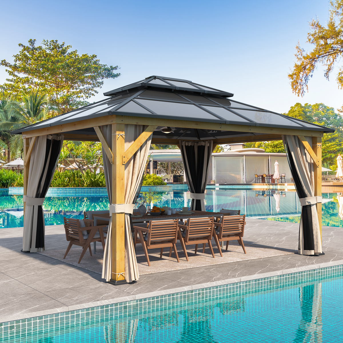 EROMMY 12' x 14' Hardtop Gazebo, Wood Outdoor Gazebo, Polycarbonate Double Roof, Netting and Curtains, Patio Gazebo