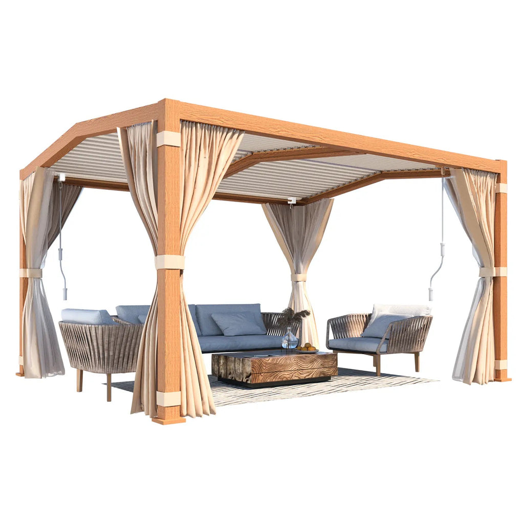 EROMMY 11x13 Louvered Aluminum Pergola with Canopy – Wood Grain