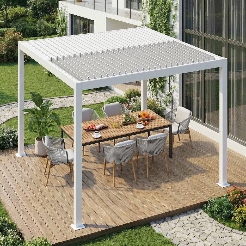 EROMMY 10' x 10' Outdoor Pergola with Adjustable Louvered Roof & Integrated Drainage, Heavy-Duty Metal Louvered Pergola for Patios, White