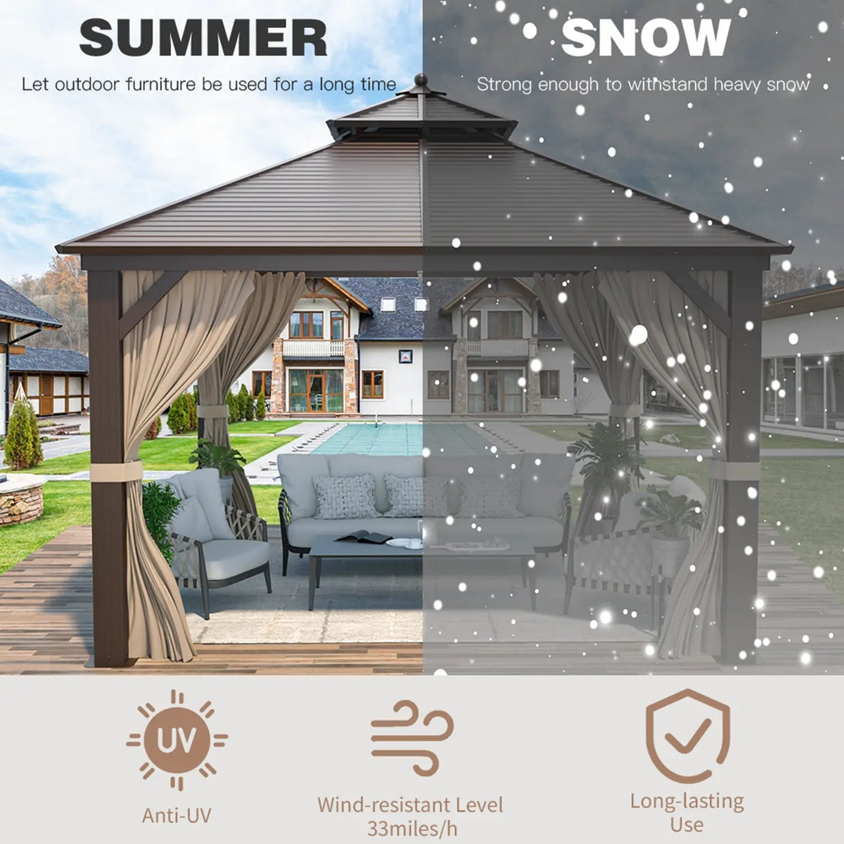 EROMMY 12' x 12' Hardtop Gazebo Canopy Galvanized Steel Pergolas with Netting & Curtains