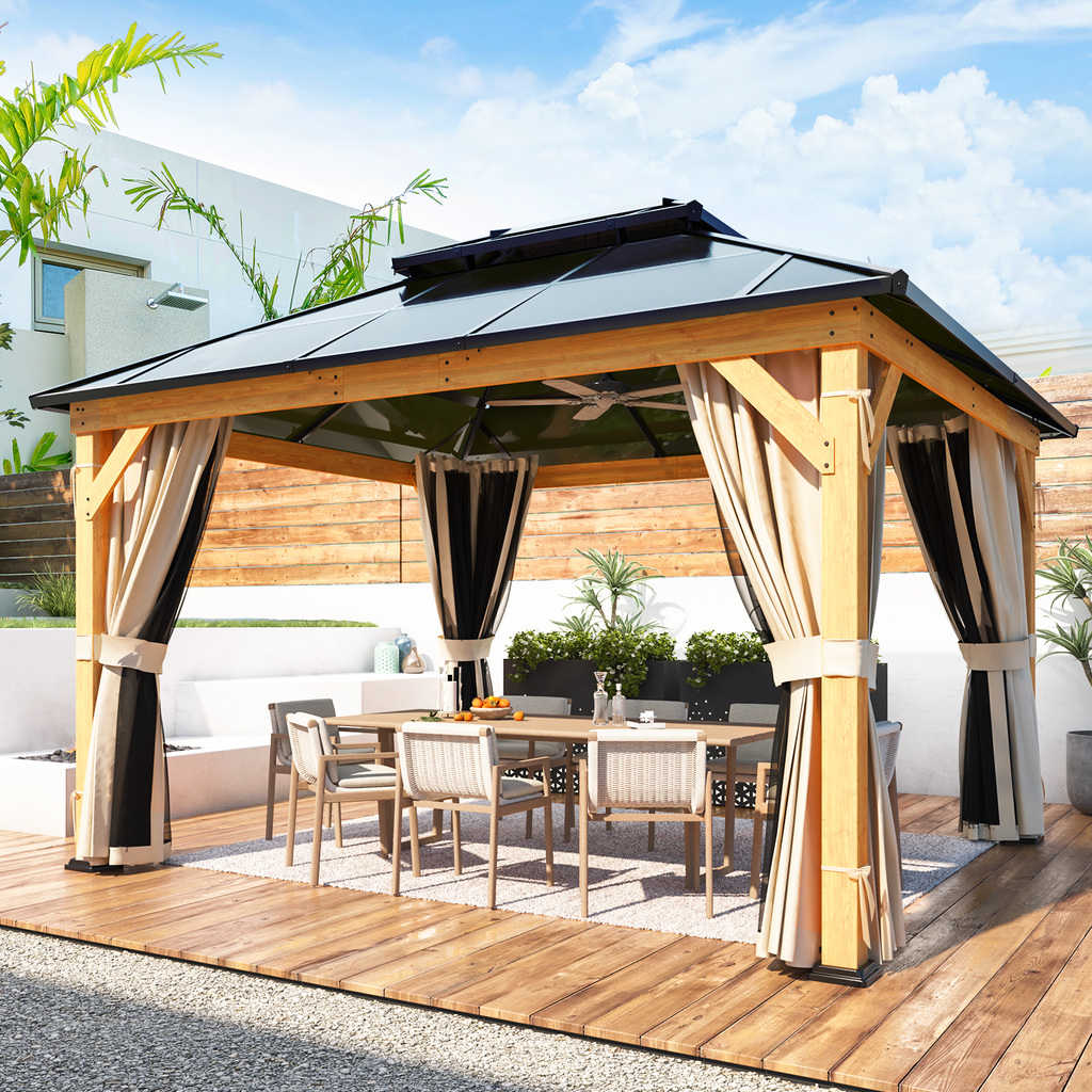 EROMMY 11'x 13' Hardtop Gazebo, Wood Outdoor Gazebo, Polycarbonate Double Roof, Netting and Curtains, Patio Gazebo