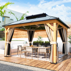 EROMMY 11'x 13' Hardtop Gazebo, Wood Outdoor Gazebo, Polycarbonate Double Roof, Netting and Curtains, Patio Gazebo