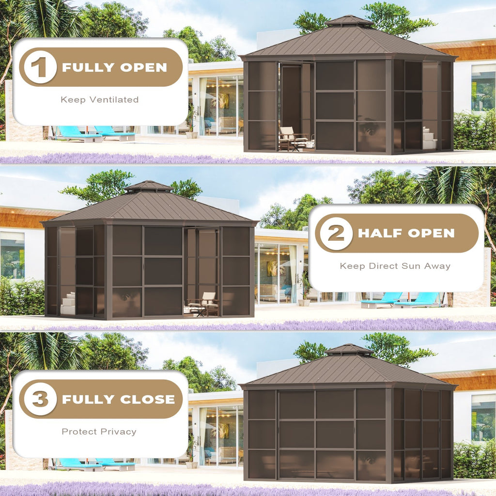 EROMMY 10X12 Florida Sunroom for Backyard Greenhouse with Sliding Door – Brown