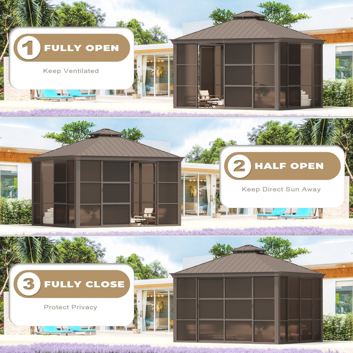 EROMMY 10X12 Florida Sunroom for Backyard Greenhouse with Sliding Door – Brown