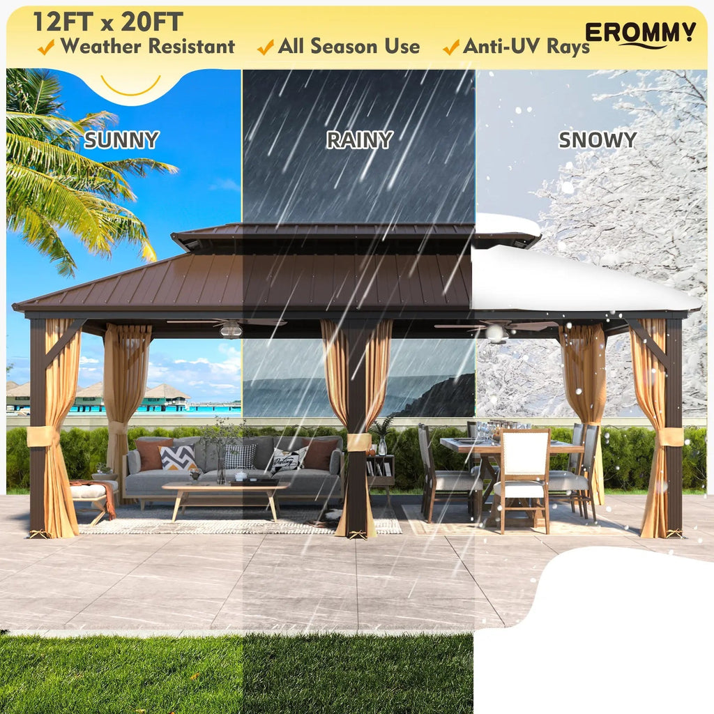 EROMMY 12X20 Hardtop Grill Gazebo with Netting and Sides