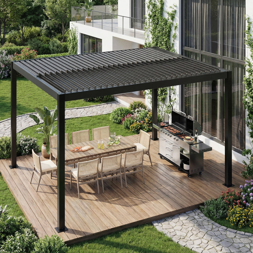 EROMMY 10' x 12' Outdoor Pergola with Adjustable Louvered Roof & Integrated Drainage, Heavy-Duty Metal Louvered Pergola for Patios, Black