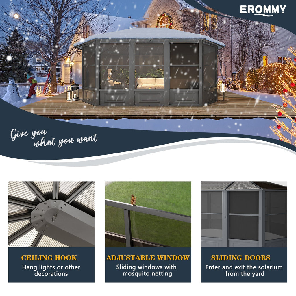 EROMMY 12X15 Solarium Room for 4 Season with Sliding Door – Grey