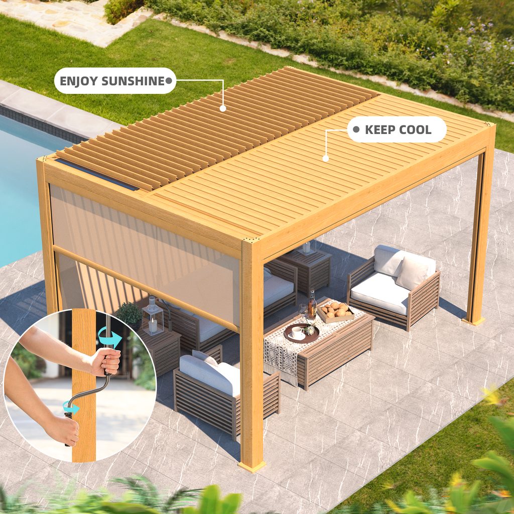 EROMMY 10x13 Motorized Pergola with Adjustable Louvers –Wood Grain