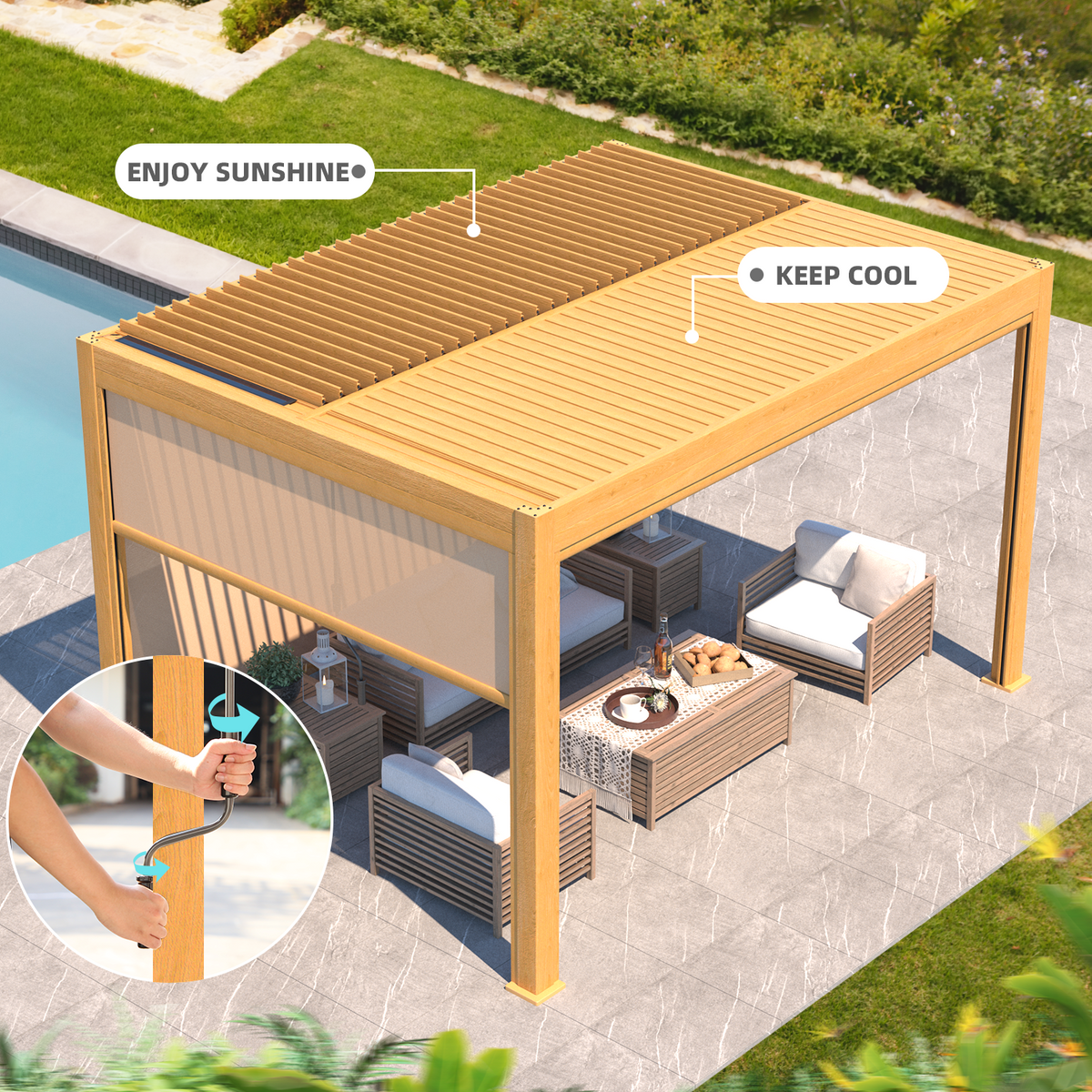 EROMMY 10x13 Motorized Pergola with Adjustable Louvers –Wood Grain