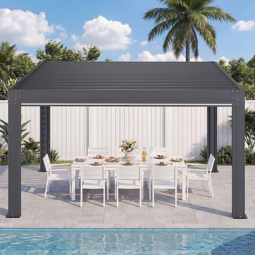 EROMMY 12' x 12' Louvered Pergola with Pull-Down Screens, Aluminum Outdoor Pergola with Retractable Roof for Patios, Decks & Backyards, Black