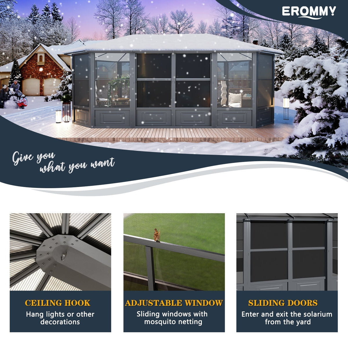 EROMMY 12X18 Solarium Room for 4 Season with Sliding Door – Grey