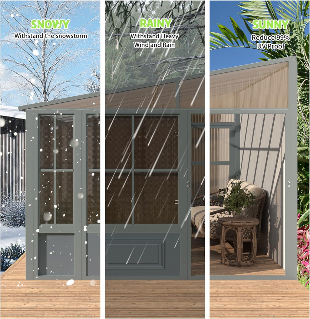 EROMMY 10X12 Wall Mounted Sunroom with Prefabricated 4-season Design – Grey