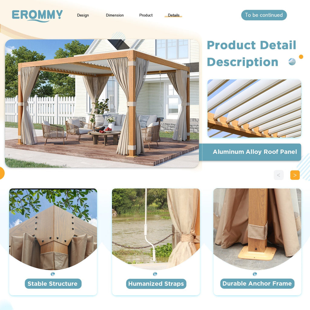 EROMMY 12x12 louvered pergola with Louvered Roof  for Decks, Gardens and Backyards, Wood Grain
