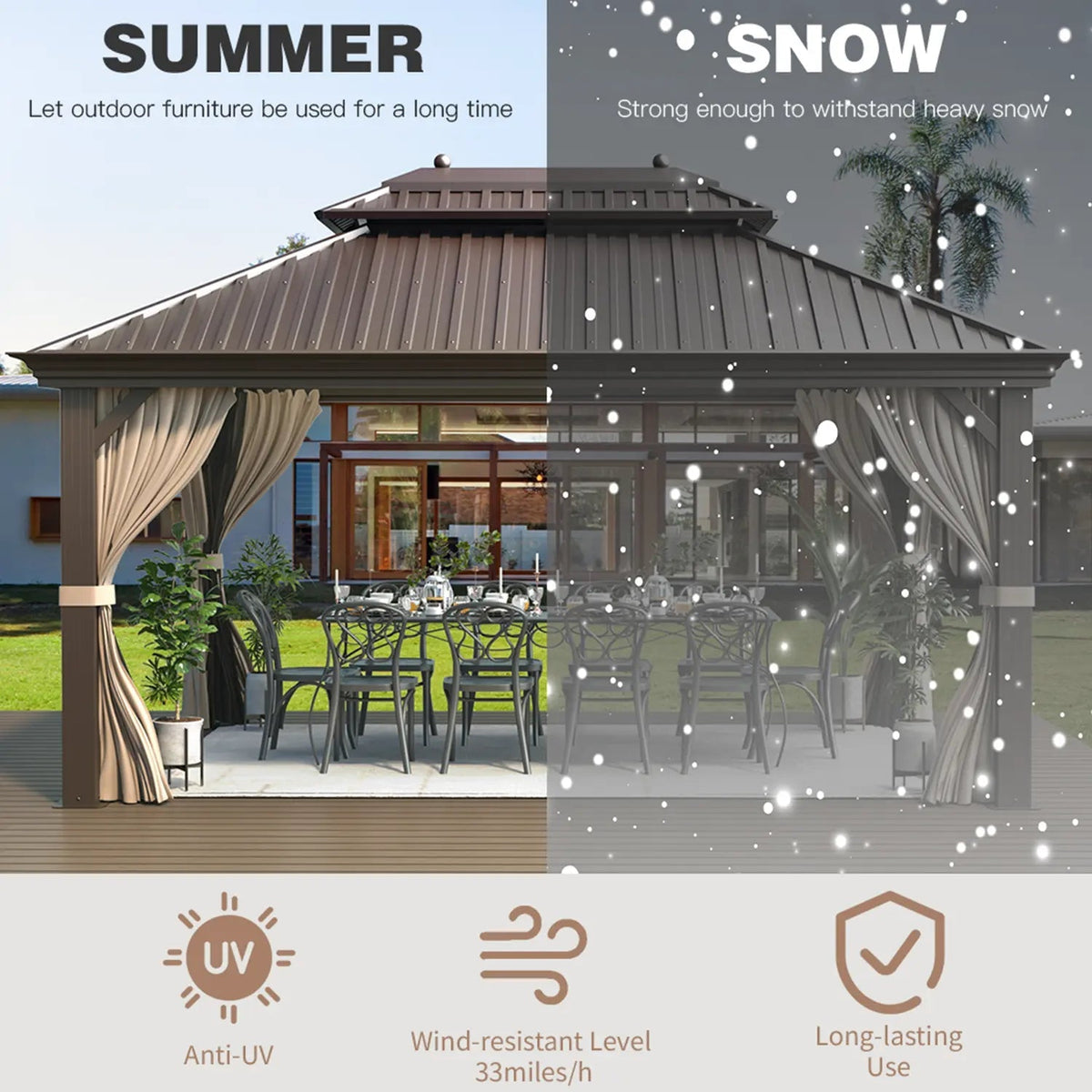 EROMMY 12' x 16' Hardtop Gazebo Galvanized Steel Double-Roof Canopy Outdoor, Aluminum Frame Permanent Metal Pavilion, Netting & Curtains