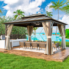 EROMMY 12' x 14' Hardtop Gazebo, Outdoor Gazebo with Polycarbonate Vertical Stripe Double Canopy, Aluminum Gazebo with Netting and Curtains for Patios