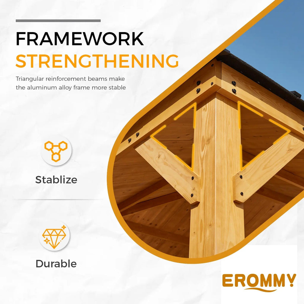 EROMMY 12' x 16' Wood Gazebo Spruce Solid Wooden Frame Pavilion Hardtop Asphalt Roof Canopy for Patio Lawn Garden Backyard
