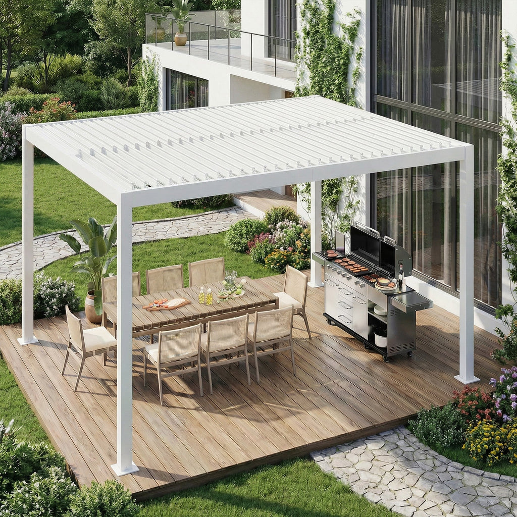 EROMMY 10' x 12' Outdoor Pergola with Adjustable Louvered Roof & Integrated Drainage, Heavy-Duty Metal Louvered Pergola for Patios, White