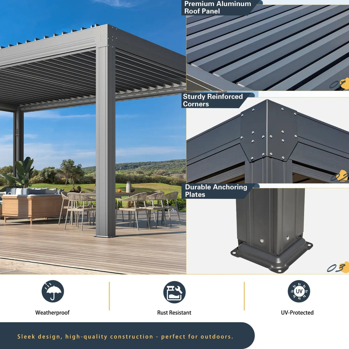 EROMMY 12x20 Large Aluminum Pergola with Louvered Canopy – Grey