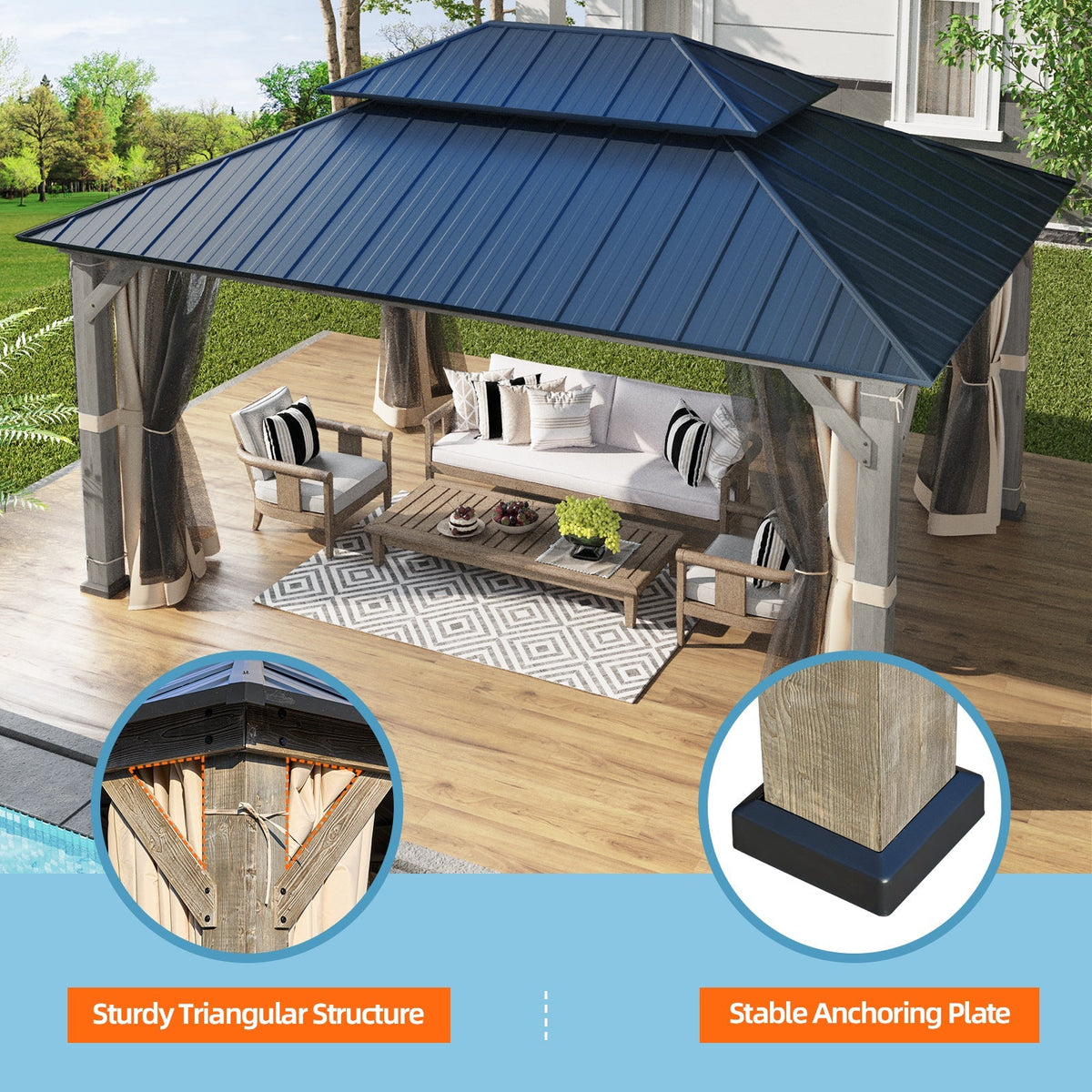 EROMMY 12' x 16' Outdoor Hardtop Gazebo with Cedar Frame and Powder Coated Metal Roof, Grey
