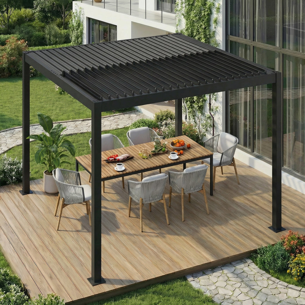 EROMMY 10' x 10' Outdoor Pergola with Adjustable Louvered Roof & Integrated Drainage, Heavy-Duty Metal Louvered Pergola for Patios, Black