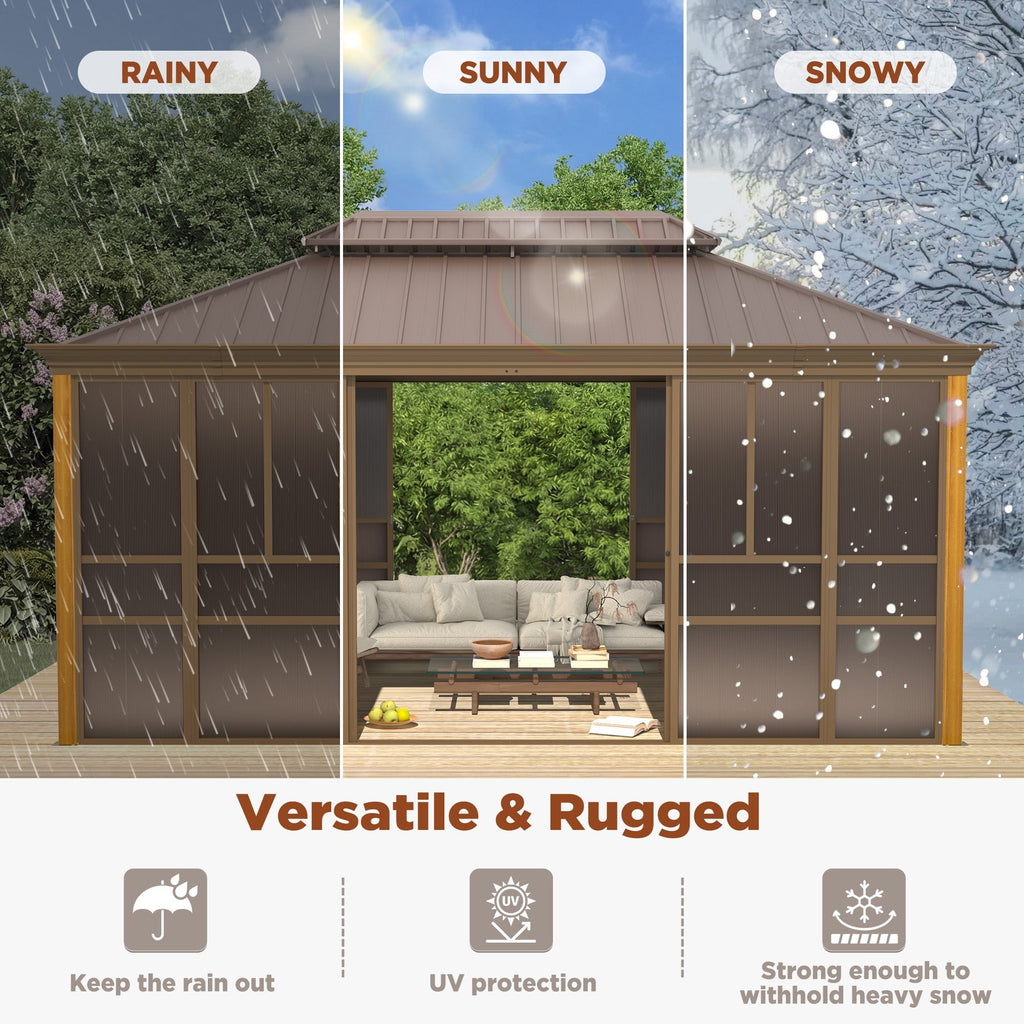 EROMMY 12'*16' Sunroom, with Front Door, Side Entrance, Galvanized Steel Double Top, Wood Grain Appearance, Aluminum Alloy Frame, Solarium Backyard Sun Room