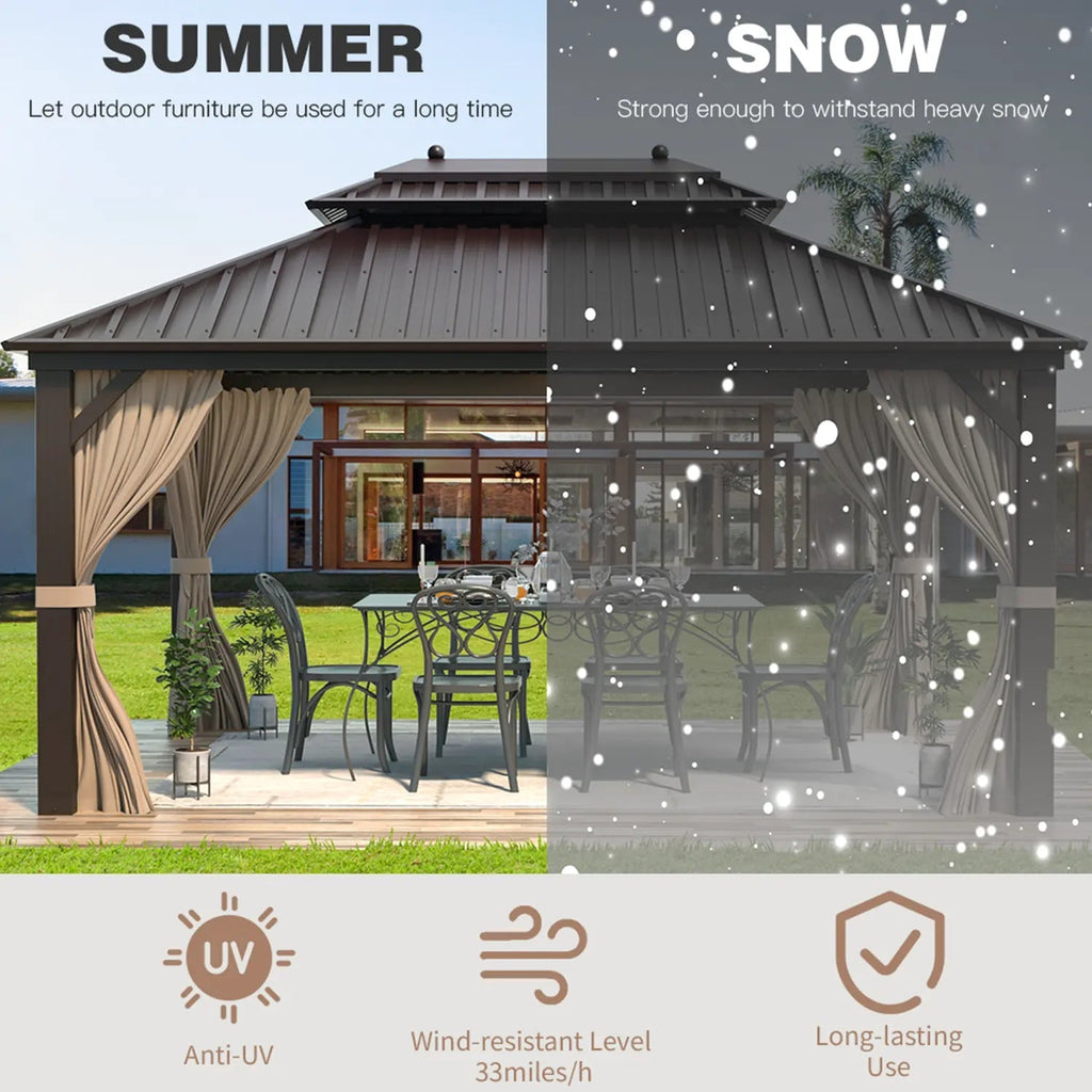 EROMMY 10' x 13' Hardtop Gazebo Canopy, Outdoor Aluminum Gazebo with Galvanized Steel Double Roof, Curtains and Netting Included, Brown