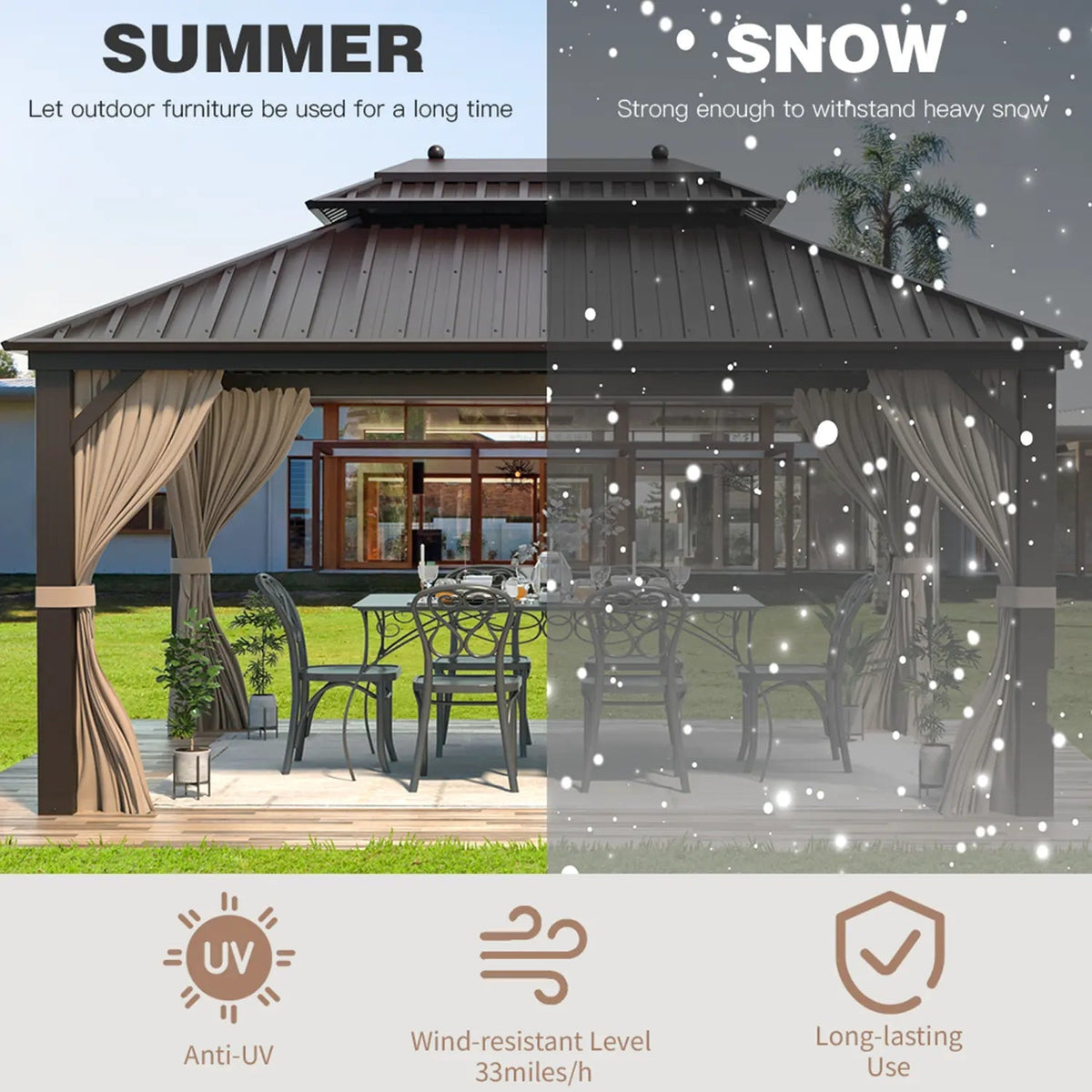 EROMMY 10' x 13' Hardtop Gazebo Canopy, Outdoor Aluminum Gazebo with Galvanized Steel Double Roof, Curtains and Netting Included, Brown