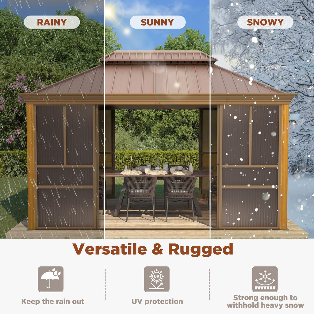 EROMMY 12'*14' Sunroom, with Front Door, Side Entrance, Galvanized Steel Double Top, Wood Grain Appearance, Aluminum Alloy Frame, Solarium Backyard Sun Room