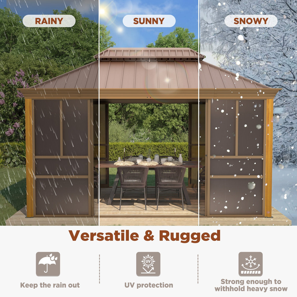 EROMMY 12'*14' Sunroom, with Front Door, Side Entrance, Galvanized Steel Double Top, Wood Grain Appearance, Aluminum Alloy Frame, Solarium Backyard Sun Room