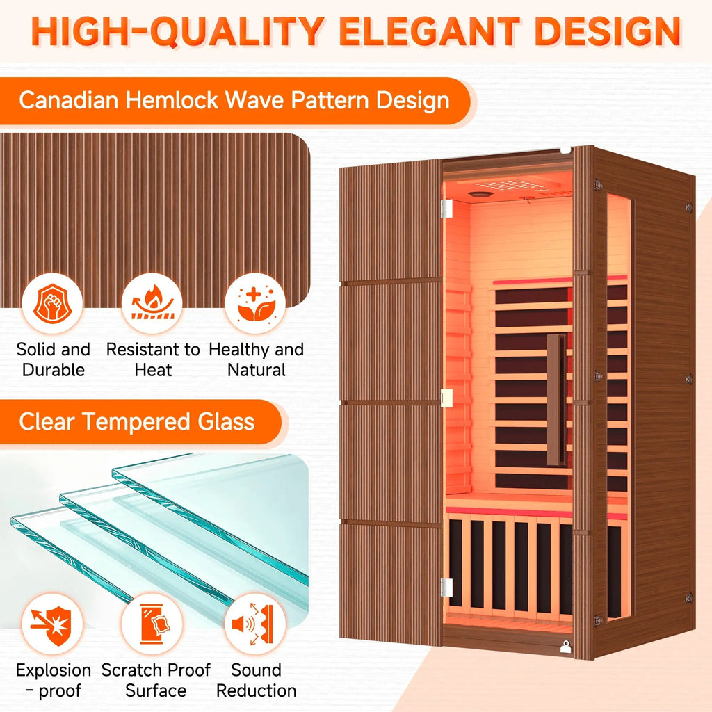 EROMMY 2-Person Indoor Infrared Sauna for Home, Far Infrared Sauna with Red Light Therapy, Chromotherapy Lighting, 6 Carbon Heaters & Bluetooth Speaker, Walnut