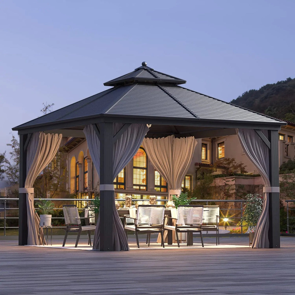 EROMMY 12' x 12' Hardtop Gazebo Canopy Galvanized Steel Pergolas with Netting & Curtains