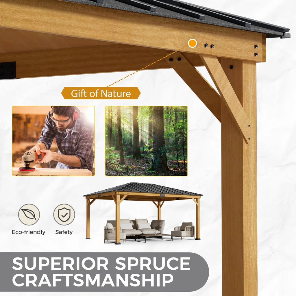 EROMMY 12' x 16' Wood Gazebo Spruce Solid Wooden Frame Pavilion Hardtop Asphalt Roof Canopy for Patio Lawn Garden Backyard