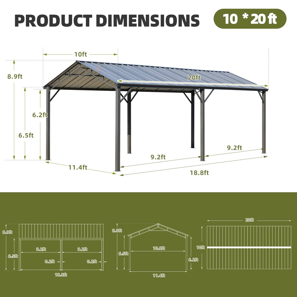 EROMMY 10X20 Metal Carport with Galvanized Roof
